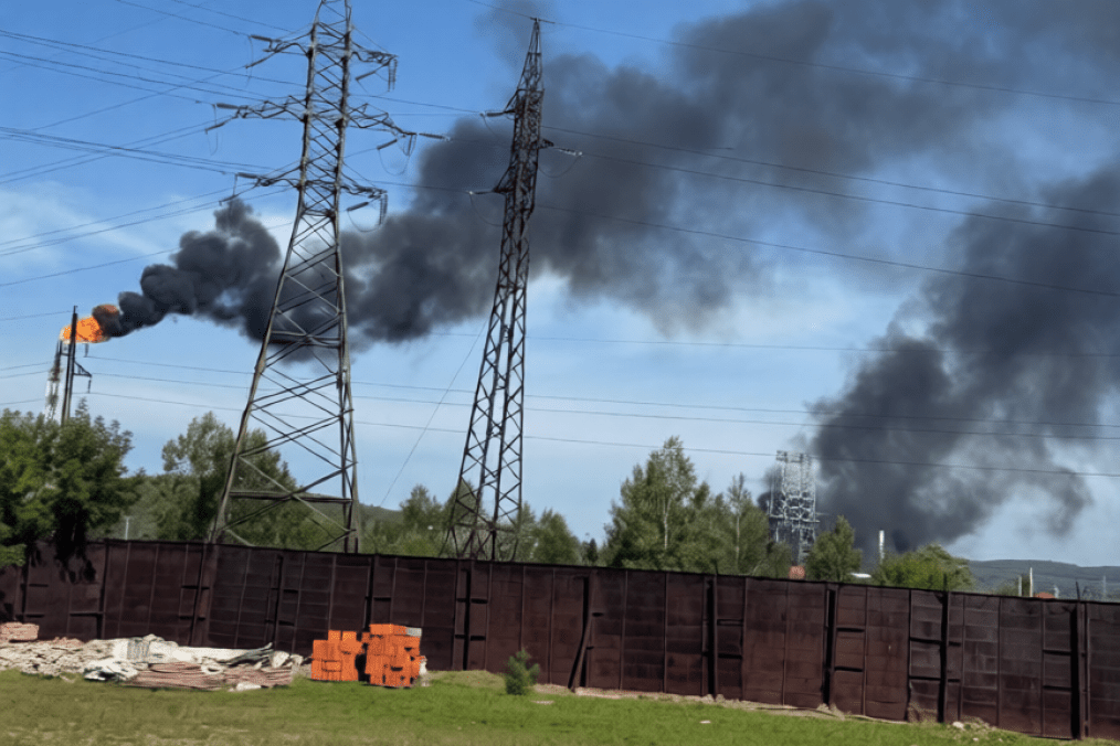 Dark smoke billows over power lines near Rosneft’s Komsomolsk oil refinery in Khabarovsk region following a major fire. (Source: OSINT channel Exilenova+)