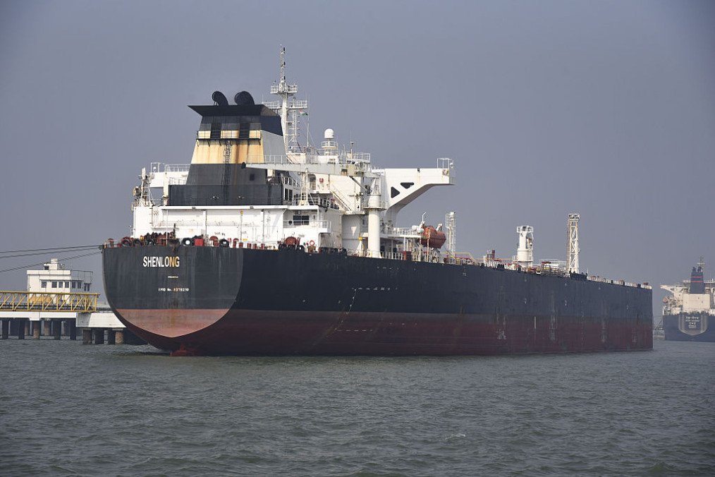 The Liberia-flagged Suezmax tanker Shenlong, carrying crude oil, among the first ships to reach India amid the Middle East crises, is seen at Mumbai Port in Mumbai, India, on March 12, 2026. (Source: Getty Images)