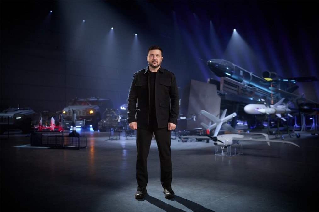 Ukrainian President Volodymyr Zelenskyy speaking in front of various Ukrainian long-range drones and missiles, April 2026. Ukrainian President Volodymyr Zelenskyy speaking in front of various Ukrainian long-range drones and missiles, April 2026.