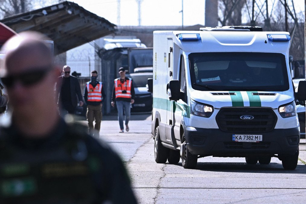 One of two Ukrainian armored cash vehicles returned by Hungary’s tax authority (NAV) to Oschadbank in Budapest on March 12, 2026, after the detention of seven Ukrainian employees. (Source: Getty Images)