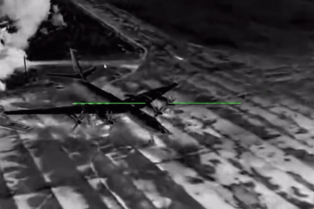 A Russian Tu-142 maritime patrol aircraft moments before being struck by a Ukrainian drone near Taganrog, Russia, on May 30, 2026. (Source: Madyar)
