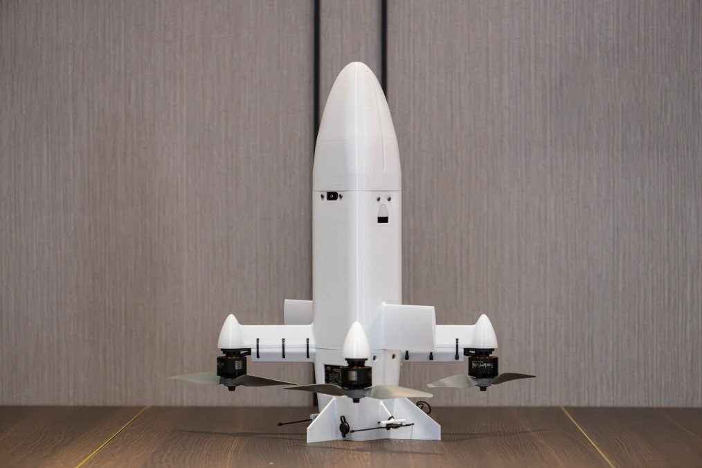 Prototype of an interceptor drone developed by Amazing Drones stands on the table during a press conference of Japanese corporation Terra Drone and Ukrainian company Amazing Drones on March 31, 2026, in Kyiv, Ukraine. (Source: Getty Images)