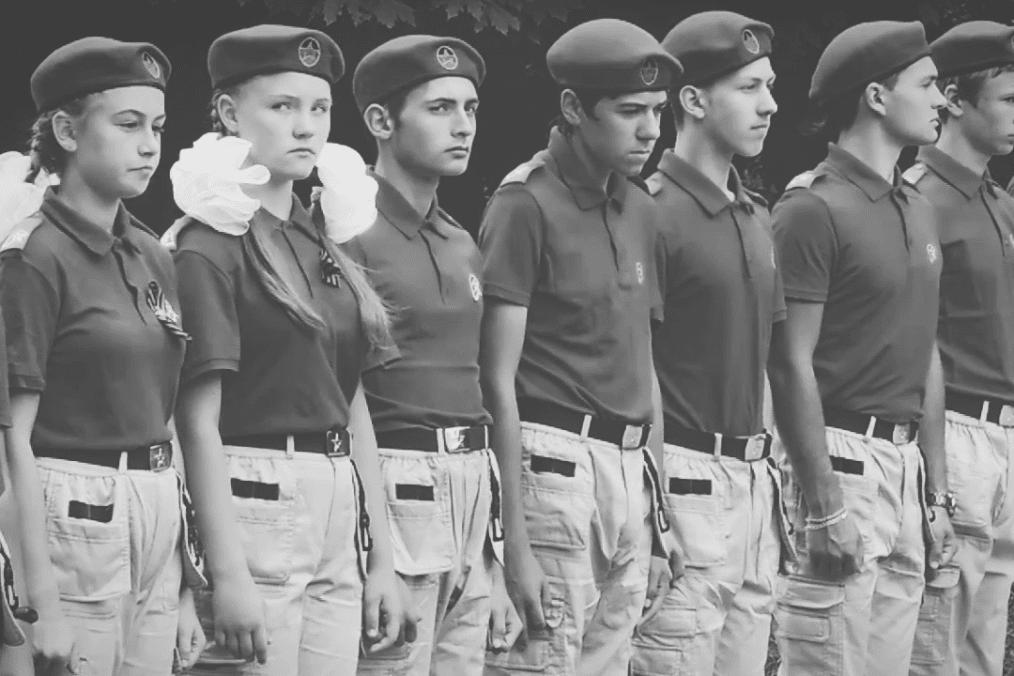 Children dressed in military-style uniforms stand in formation during a “Yunarmiya” event in the Russian-occupied part of Donetsk region. (Source: National Police of Ukraine)