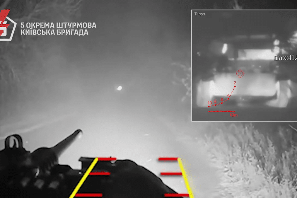 Droid ground combat robot engaging a Russian armored vehicle at night, December 9, 2025. (Source: 5th Separate Assault Brigade) Droid ground combat robot engaging a Russian armored vehicle at night, December 9, 2025. (Source: 5th Separate Assault Brigade)