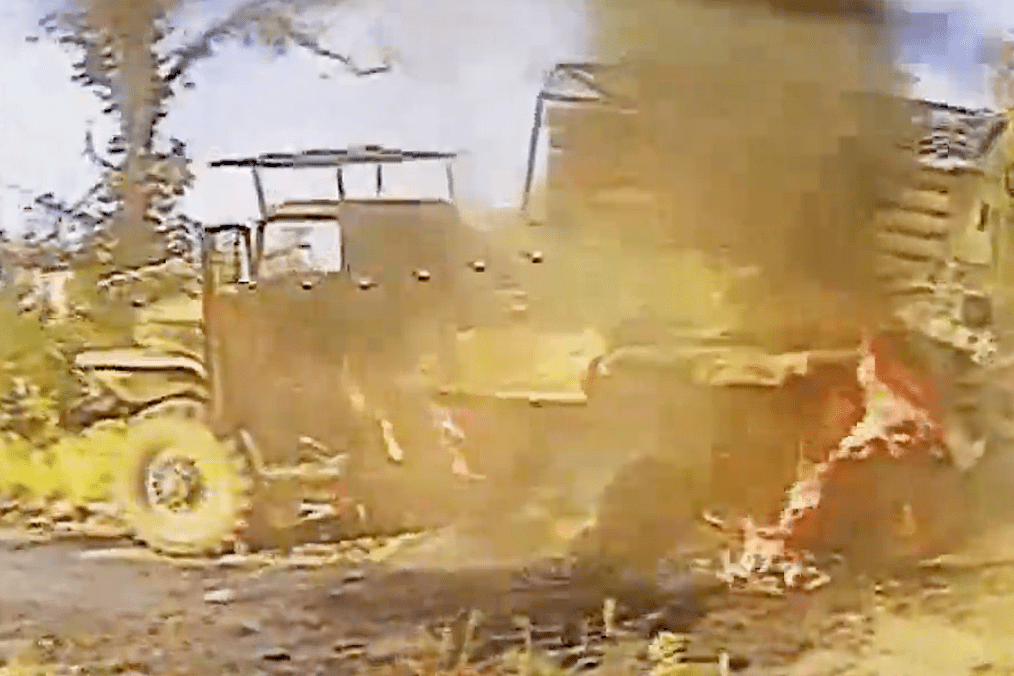 A Russian BM-21 Grad multiple-launch rocket system burns after a Ukrainian drone strike. (Source: 25th Separate Sicheslav Air Assault Brigade)
