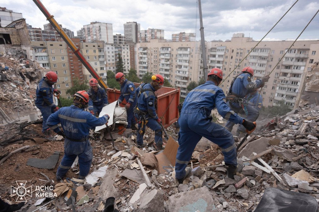 Family of Three Killed in Kyiv as Russia's Missile Attack Collapses Apartment Building Emergency responders work at the site of a collapsed apartment building in Kyiv following Russia's overnight missile and drone strike on July 6, 2026. (Source: State Emergency Service)