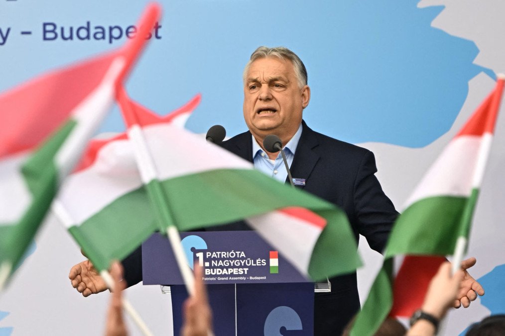 Hungarian Prime Minister Viktor Orban addresses the audience during the first Patriotic Rally at the Millenaris Cultural Center in Budapest, Hungary, March 23, 2026. (Source: Getty Images)