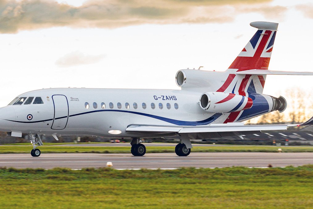 RAF Dassault Falcon 900LX on a runway.
