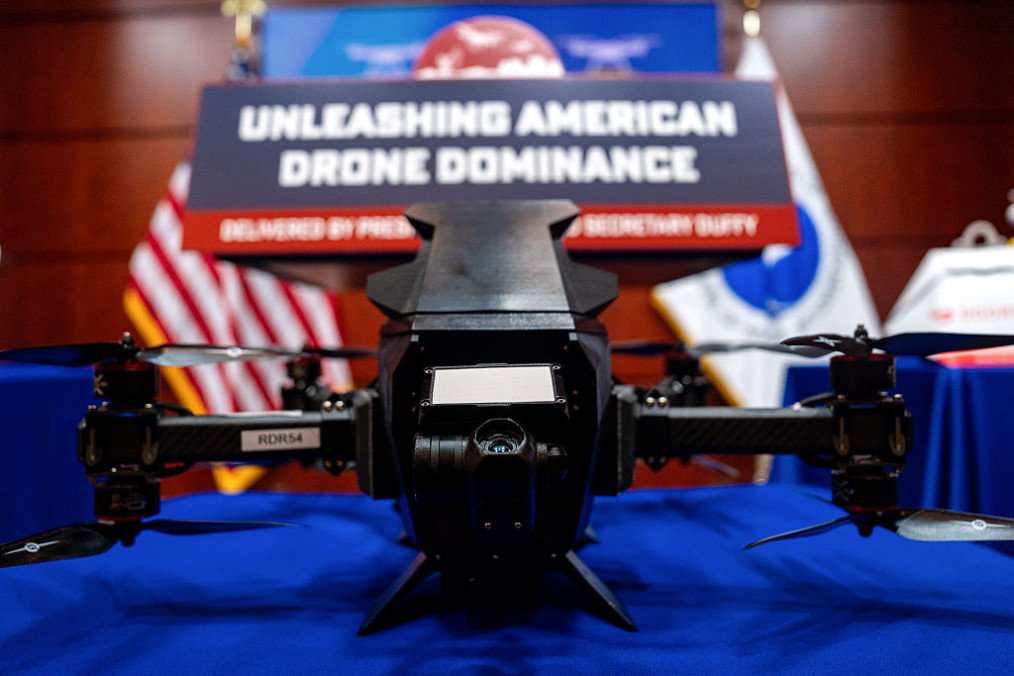 An American Robotics Iron Drone Raider Interceptor displayed prior to a news conference in Washington, DC, US, on August 5, 2025. (Source: Getty Images)