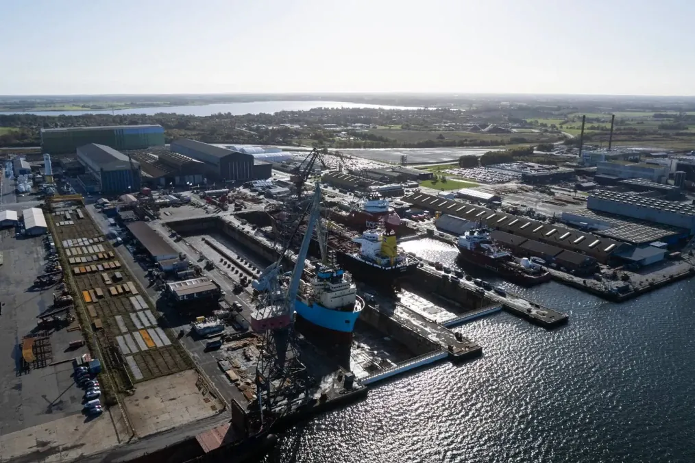 An aerial view of the Fayard shipyard in Odense, Denmark, where specialized vessels undergo maintenance and repair. (Source: Benny Kjølhede) An aerial view of the Fayard shipyard in Odense, Denmark, where specialized vessels undergo maintenance and repair. (Source: Benny Kjølhede)