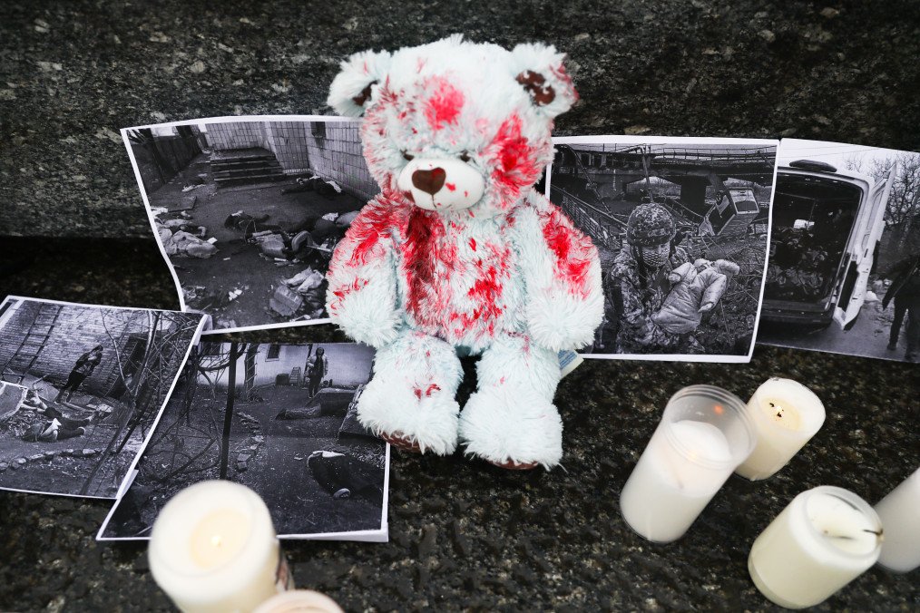 A silent protest at the Main Square against the mass murder of Ukrainian civilians by the Russian soldiers during the ongoing invasion of Ukraine. Krakow, Poland on April 9, 2022. (Source: Getty Images)