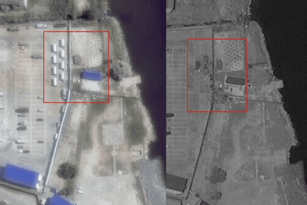 A satellite image, showing the Russian jamming system before and after the drone strike, Crimea, June 2026. A satellite image, showing the Russian jamming system before and after the drone strike, Crimea, June 2026.