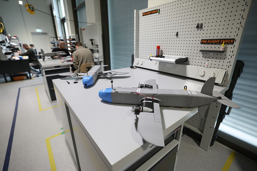 TYTAN Technologies interceptor drones are pictured at the manufacturing hall before the visit of German Economy Minister Katharina Reiche on February 06, 2026 in Munich, Germany. (Source: Getty Images)