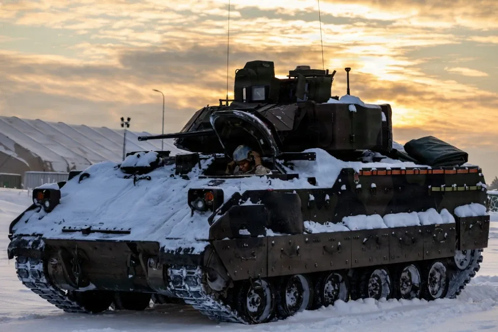 M2 Bradley at General Silvestras Žukauskas Training Area, Pabradė, Lithuania, on January 12, 2026. (Source: DVIDS by Capt. Regina Koesters)