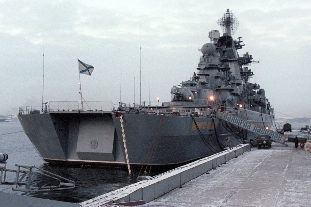 Russia’s nuclear-powered missile cruiser Admiral Nakhimov docked at port during the early stages of its overhaul. (Source: Russian media)