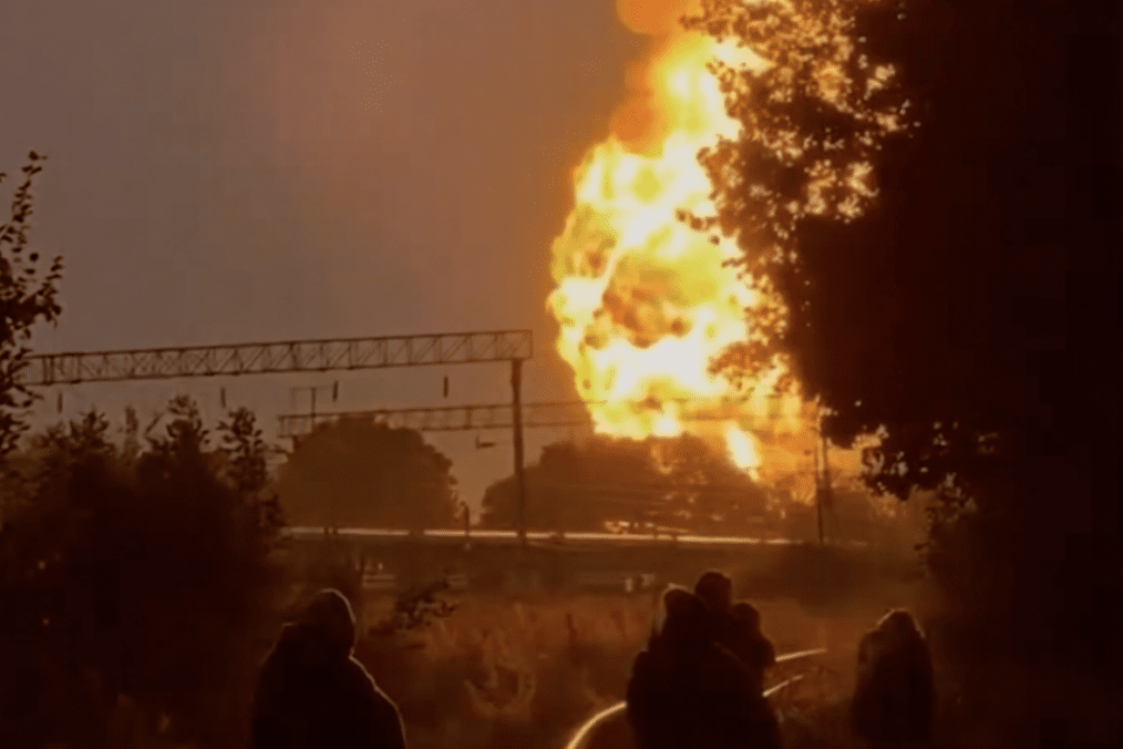 A fire burns near railway infrastructure following an overnight Russian strike near an Odesa–Dnipro passenger train on September 17, 2026. (Source: Pidsluhano Odesa/Telegram)