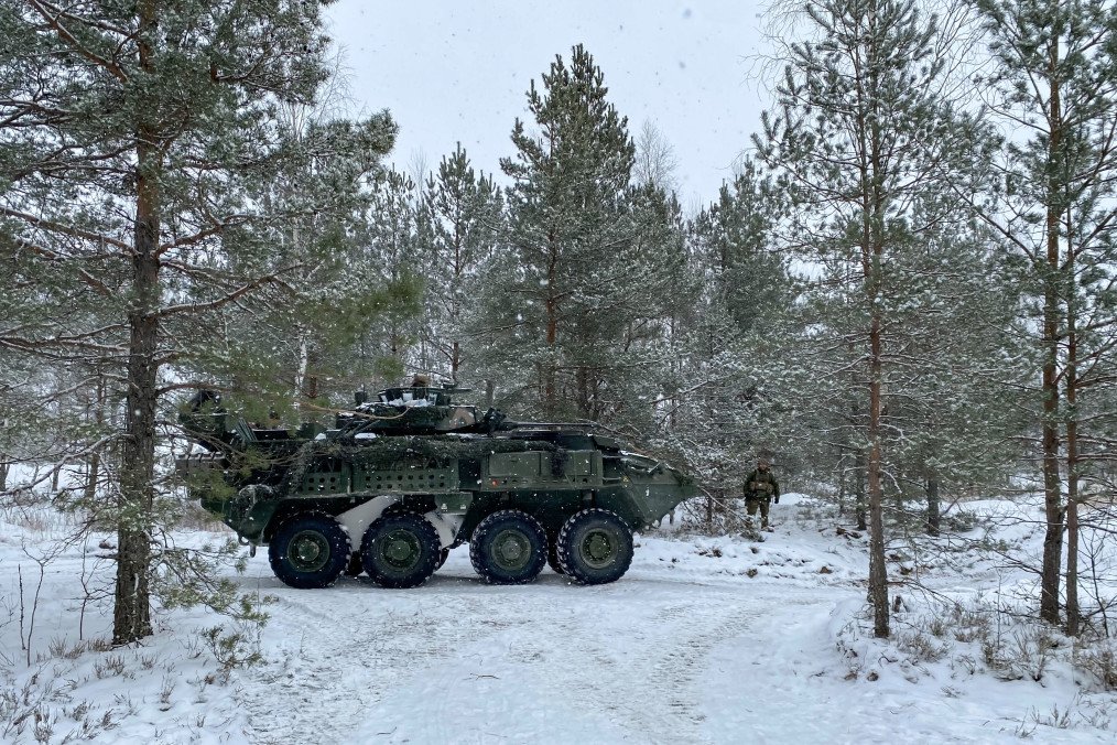 A Canadian LAV 6 armored transport vehicle stands on the training ground during a maneuver in Latvia. NATO troops practiced the protection and defense of NATO's eastern flank on February 19, 2026. (Source: Getty Images) A Canadian LAV 6 armored transport vehicle stands on the training ground during a maneuver in Latvia. NATO troops practiced the protection and defense of NATO's eastern flank on February 19, 2026. (Source: Getty Images)