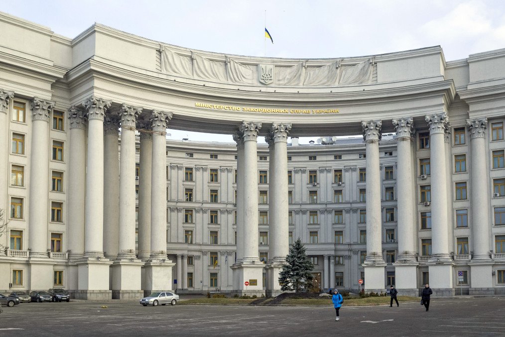 Ukraine Shuts Down Post-Soviet Legal Ties With Russia and Belarus in Largest Treaty Exit Since 2014 Pedestrians walk past the main building of the Ukrainian Ministry of Foreign Affairs in Kiev, Ukraine, on February 21, 2014. (Source: Getty Images)