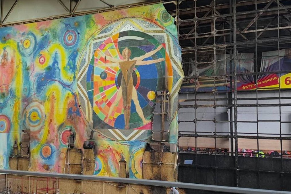 Damage to “Cosmogony,” the largest painting in Ukraine, following a Russian drone attack on Lutsk on October 13, 2026. (Source: @sashyyna/Instagram)
