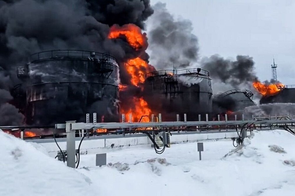 Oil tanks burning after a reported drone attack on a facility in Klintsy, Russia, on February 19, 2025.