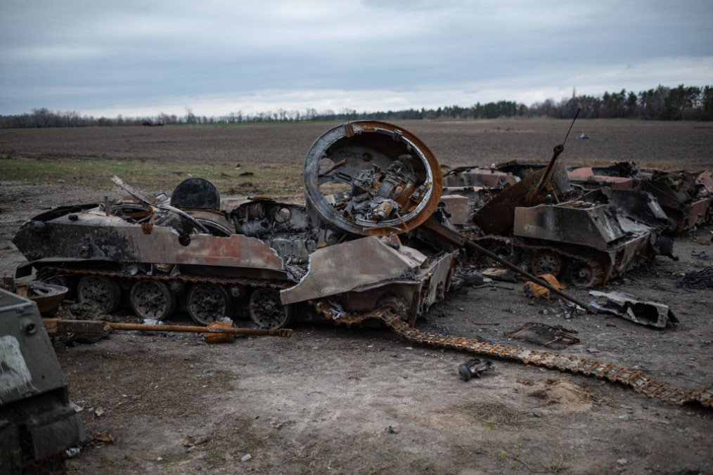 Burnt Russian tanks and APCs are seen in a field on April 6, 2022 in Hostomel, Ukraine. (Source: Getty Images)