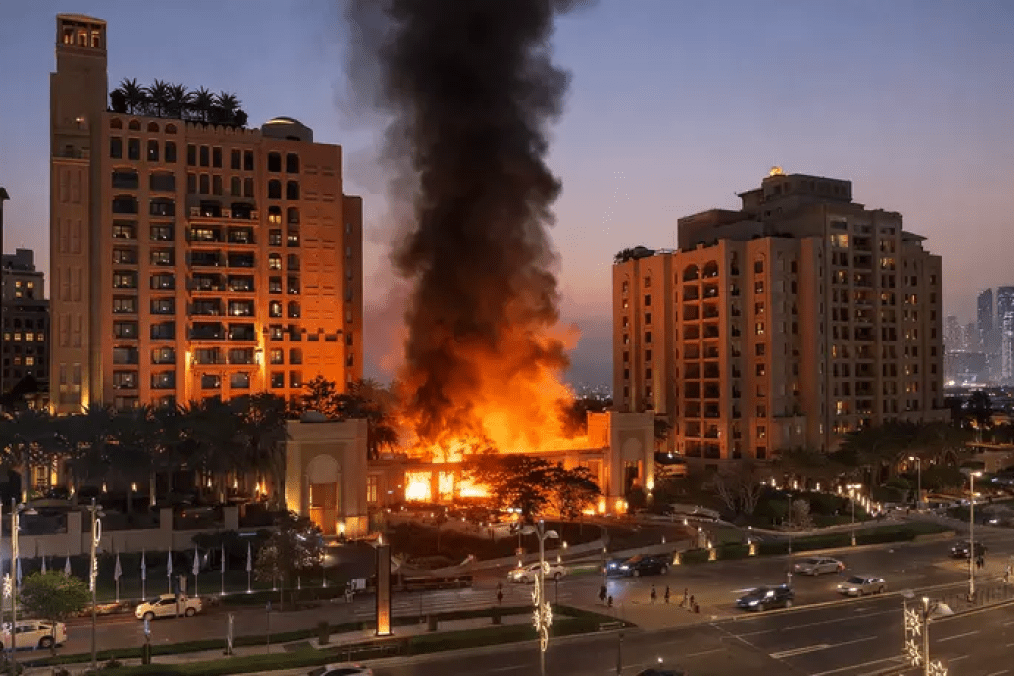 A large fire burns near the Fairmont The Palm hotel on Dubai’s Palm Jumeirah after a reported missile impact, sending thick black smoke into the evening sky. (Photo: Open source) A large fire burns near the Fairmont The Palm hotel on Dubai’s Palm Jumeirah after a reported missile impact, sending thick black smoke into the evening sky. (Photo: Open source)