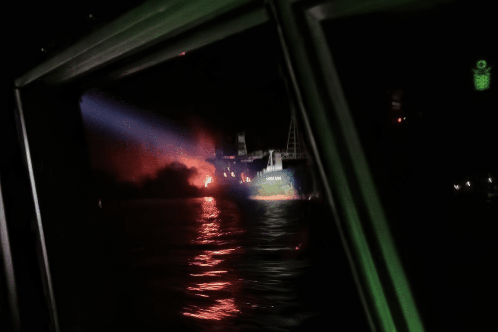 A Maritime Guard patrol boat approaches the burning bulk carrier Golden Rose during a nighttime rescue operation after the vessel was struck by a Russian drone in the Black Sea. (Source: State Border Guard Service of Ukraine) A Maritime Guard patrol boat approaches the burning bulk carrier Golden Rose during a nighttime rescue operation after the vessel was struck by a Russian drone in the Black Sea. (Source: State Border Guard Service of Ukraine)