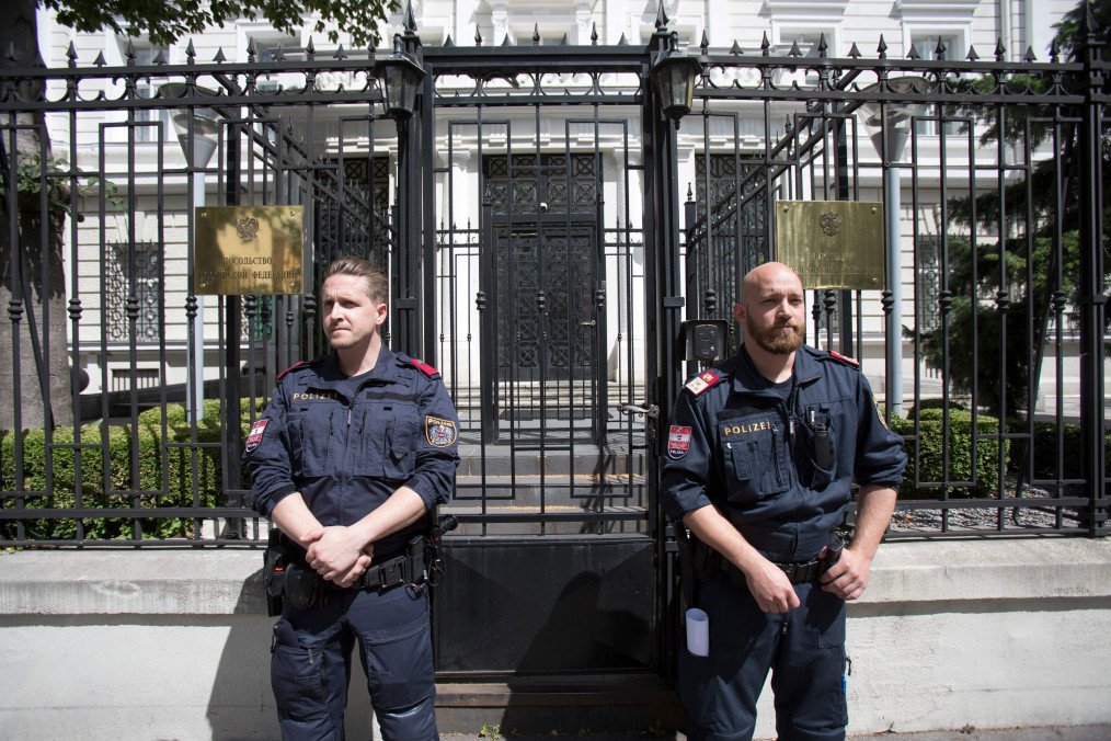 Austrian police stand guard in front of the Russian embassy during a protest of members and supporters of the Chechen community on July 7, 2020 in Vienna, Austria. (Source: Getty Images)