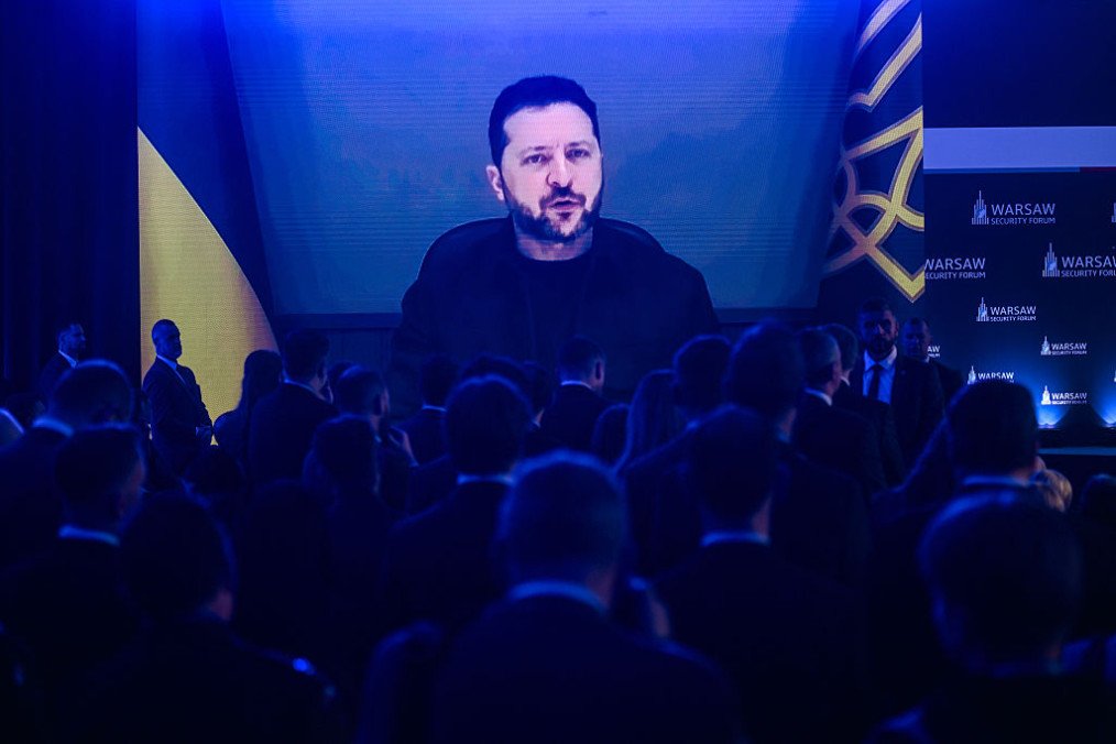 President of Ukraine, Volodymyr Zelenskyy speaks to the audience via an online video call during the opening ceremony at the Warsaw Security Forum on October 12, 2026 in Warsaw, Poland. (Source: Getty Images)