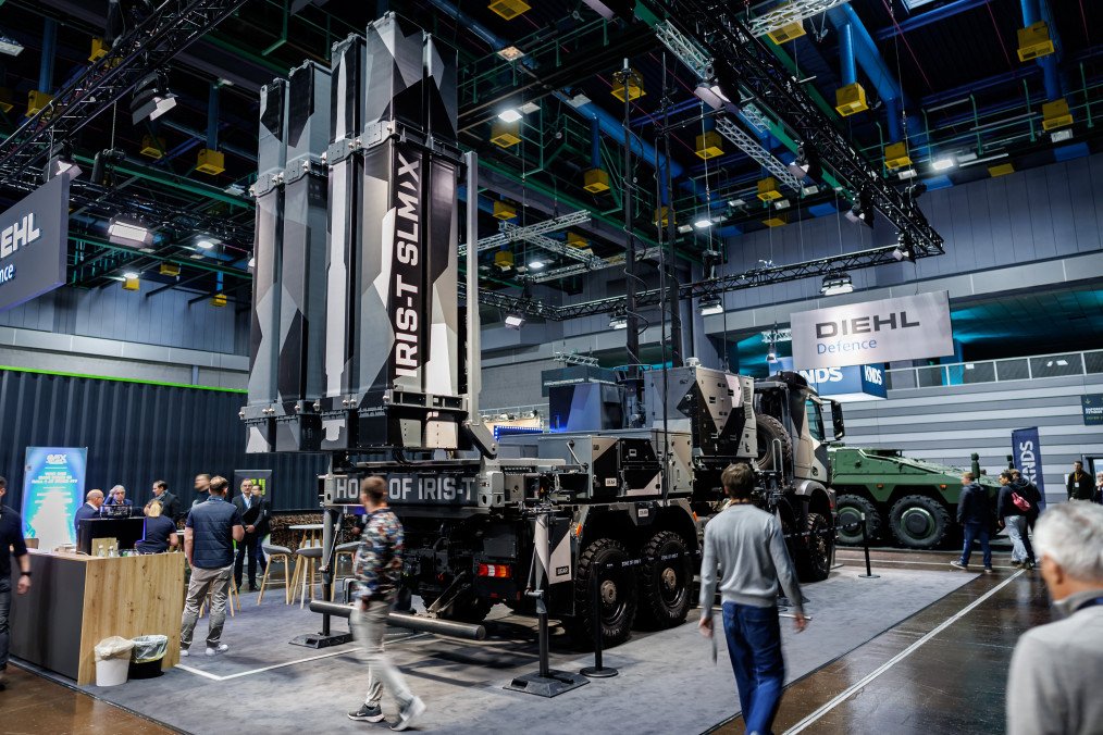IRIS-T SLM air defense system launcher displayed at Diehl Defence’s stand during the Enforce Tac defense trade fair in Nuremberg, Germany, February 25, 2026. (Source: Getty Images)