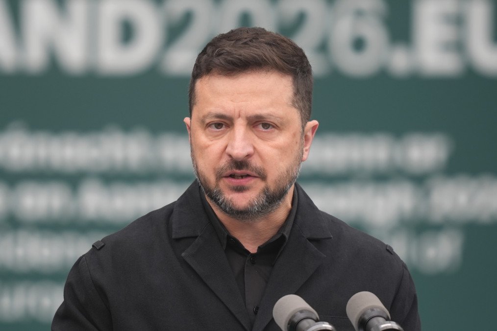 Ukrainian President Volodymyr Zelenskyy delivers a speech at Dublin Castle during the opening ceremony of Ireland's EU Presidency in Dublin, Ireland, on July 1, 2026. (Source: Getty Images)