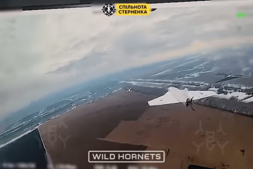 Ukrainian interceptor drone engaging a Russian Shahed UAV during a remote-controlled operation. (Source: Wild Hornets)