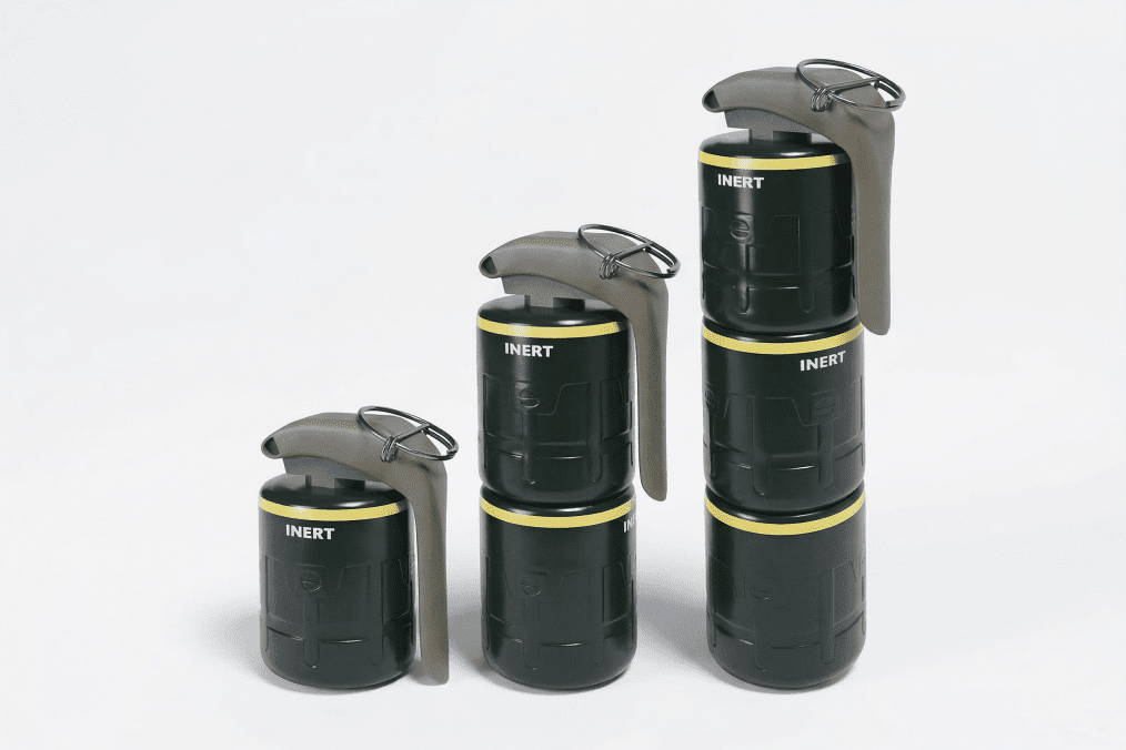 Nammo SOHG modular grenades shown in different stacked configurations demonstrating scalable charge setups. (Source: UNITED24 Media/Oleksandr Manukians)