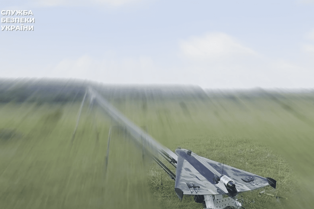 A Ukrainian high-speed interceptor drone launches to counter a jet-powered Russian Shahed attack UAV during operational tests. (Source: Volodymyr Zelenskyy)