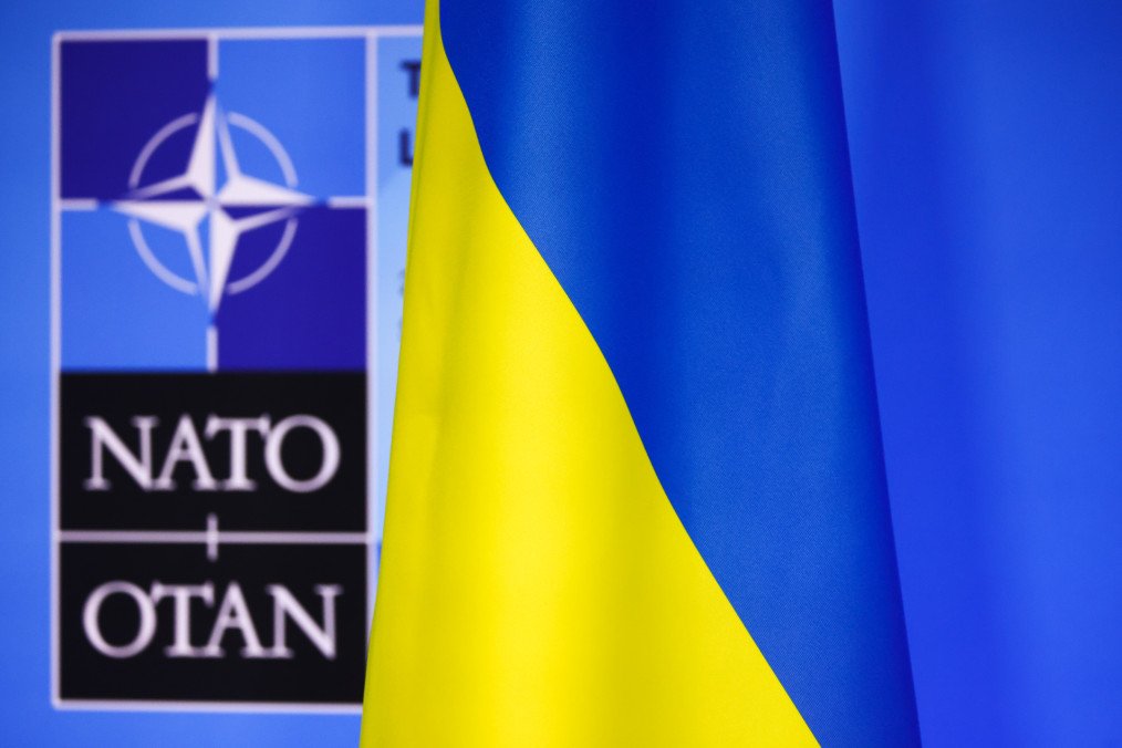 Ukrainian flag and NATO logo are seen duriimg the 76th NATO Summit in the World Forum in The Hague, Netherlands on June 24th, 2025. (Source: Getty Images)