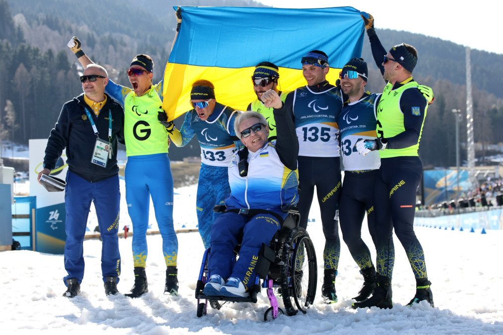 Ukrainian paralympic team following the Para Biathlon Men's Sprint VI Final of the Milano Cortina 2026 Winter Paralympic Games on March 07, 2026. (Source: Getty Images)