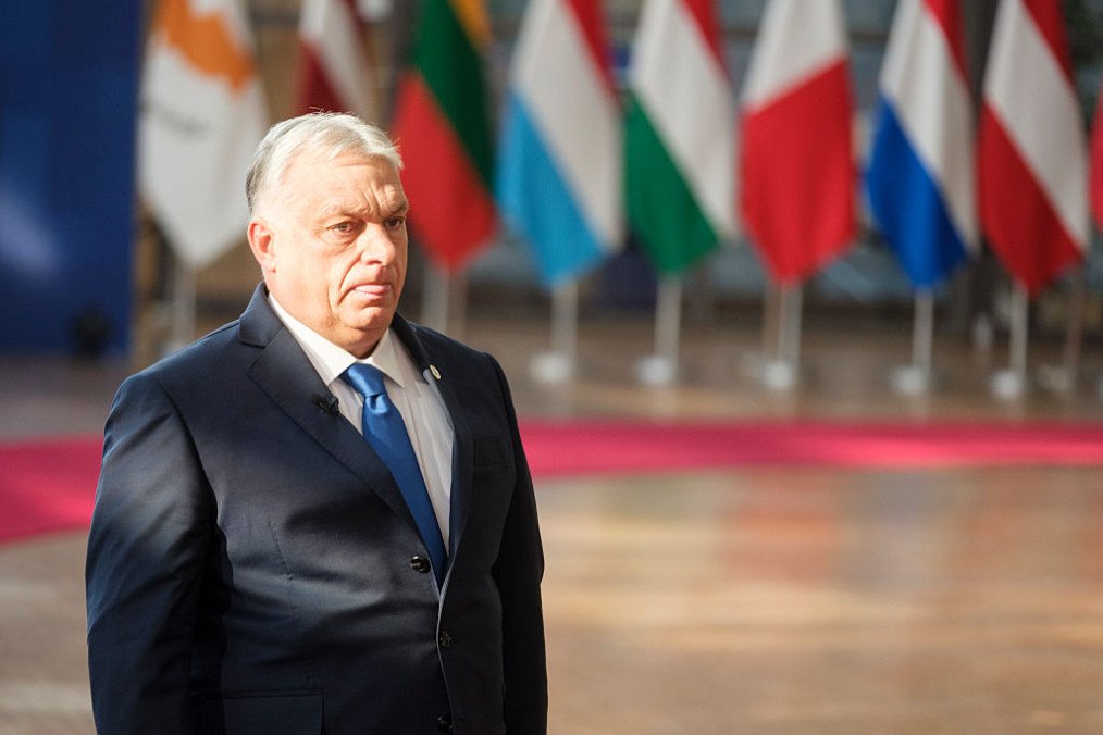 Hungarian Prime Minister Viktor Orbán talks to media at the European Council summit on March 19, 2026 in Brussels, Belgium. (Source: Getty Images)