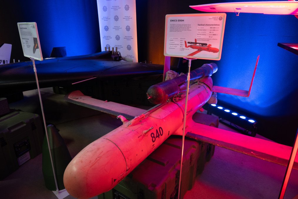 A Russian ENICS E95M jet target drone displayed at an exhibition in Kyiv on May 28, 2025. (Source: Getty Images) A Russian ENICS E95M jet target drone displayed at an exhibition in Kyiv on May 28, 2025. (Source: Getty Images)