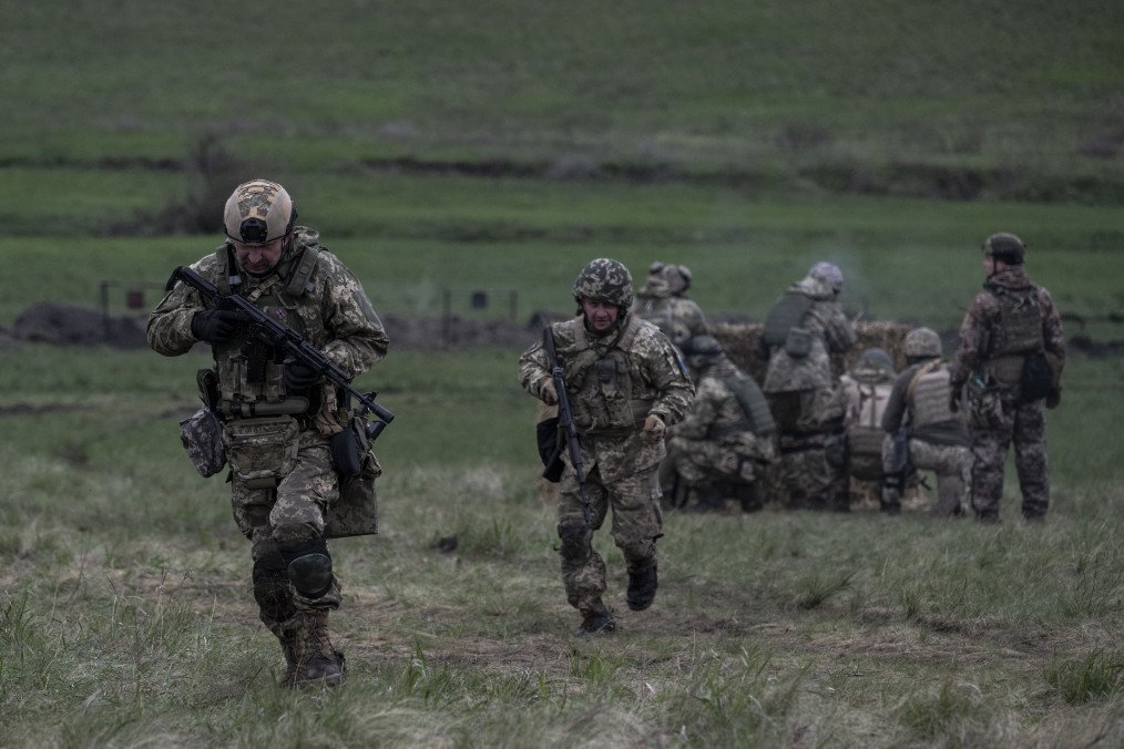Members of Ukrainian Armed Forces are seen during their shooting training with heavy weapons in the areas close to the frontline in Zaporizhzhia, Ukraine, on April 20, 2023.