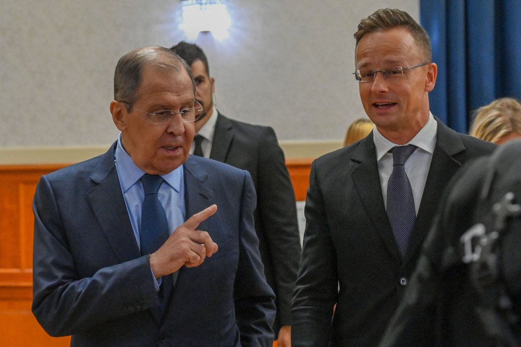 Russian Foreign Minister Sergey Lavrov talks with Hungary's Foreign and Trade Minister Peter Szijjarto after their joint press conference in Budapest, Hungary on August 24, 2021. (Source: Getty Images)