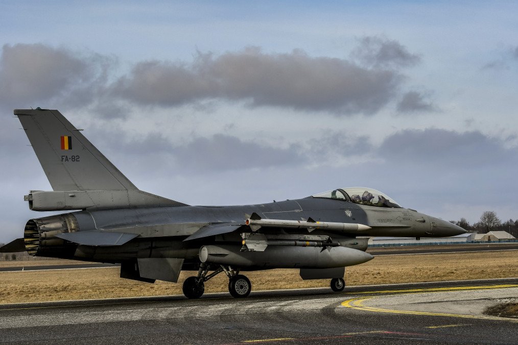 A Belgian F-16 fighter jet scrambles at Ämari Air Base in Estonia on March 11, 2022. (Source: Getty Images)