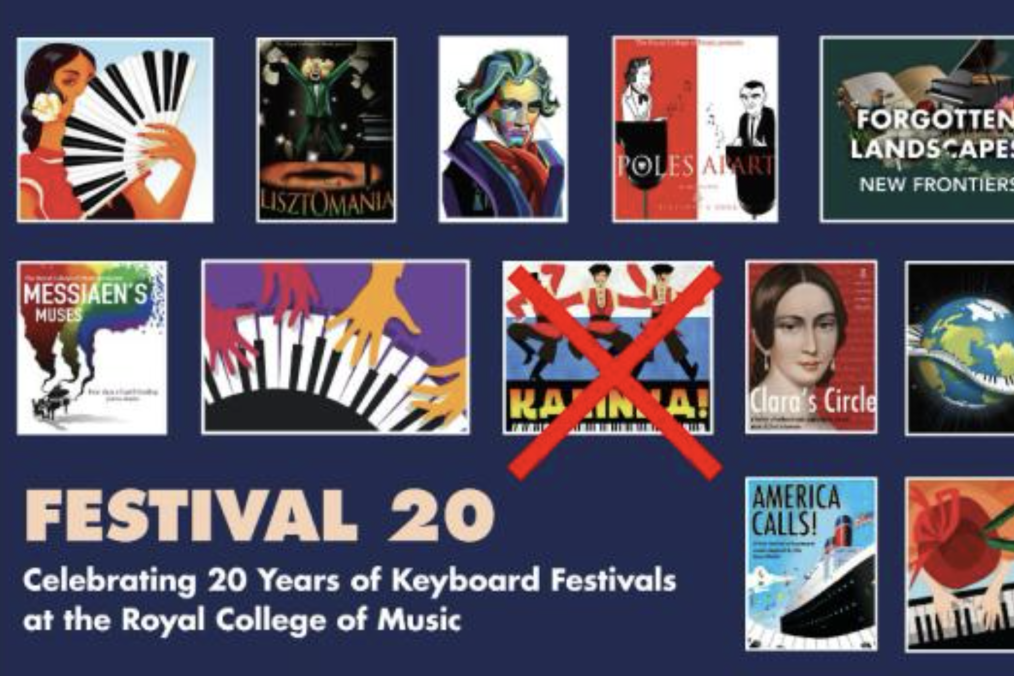 Promotional poster for “Festival 20” at the Royal College of Music in London, marking 20 years of keyboard festivals, with the Russian “Kalinka” festival crossed out following its removal from the program. (Source: Ukraine’s Ministry of Foreign Affairs.)