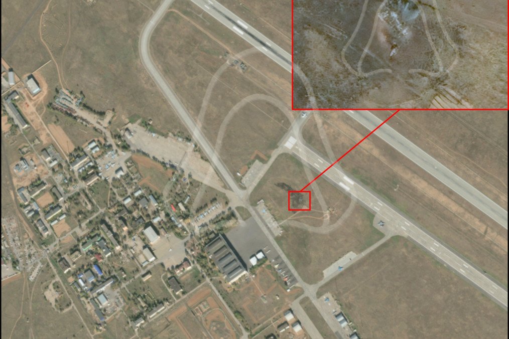 Satellite imagery showing a destroyed Russian Su-57 fighter jet at the Akhtubinsk airfield in Russia’s Astrakhan region, October 29, 2026.
