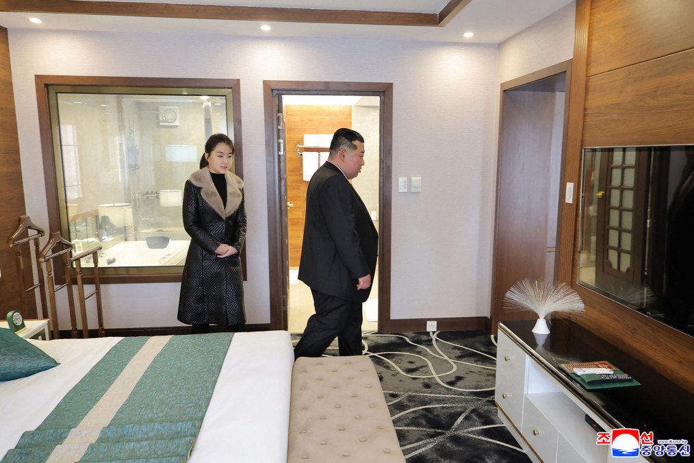 North Korean leader Kim Jong Un and his daughter Ju Ae inspect the newly completed Ikkal Hotel in the Samjiyon tourist district of Ryanggang region, December 2025. (Source: Getty Images)