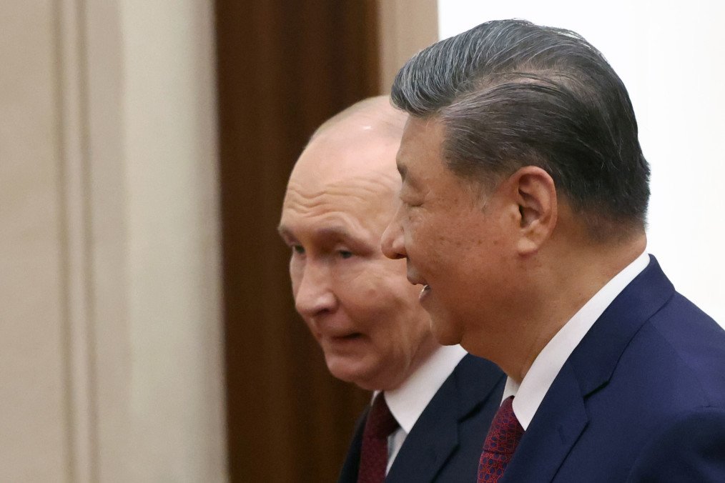 Russian leader Vladimir Putin and Chinese President Xi Jinping leave the hall after the signing ceremony on May 20, 2026, in Beijing, China.