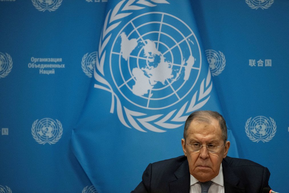 Russian Foreign Minister Sergei Lavrov holds a press conference at UN headquarters in New York on January 24, 2024.