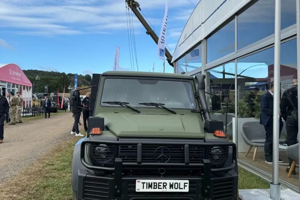 The Timber Wolf light tactical vehicle, based on the Mercedes-Benz G-Class, was displayed at DVD 2026 in the UK. (