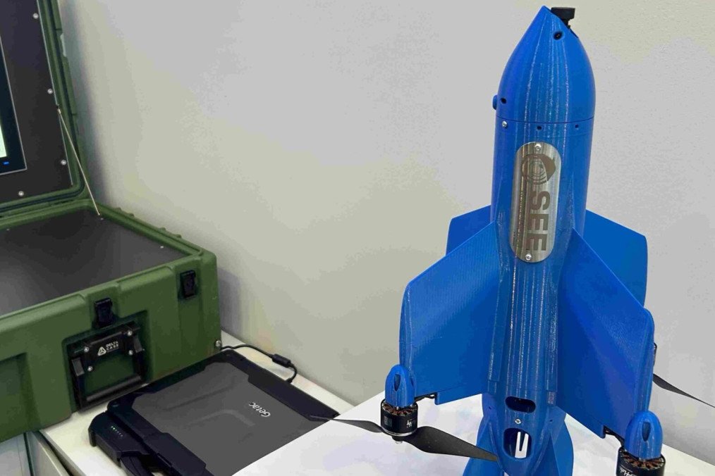 The Ukrainian SEEDIS autonomous aerial interception system displayed at the World Defense Show in Riyadh on February 9, 2026. (Photo: Militarnyi)