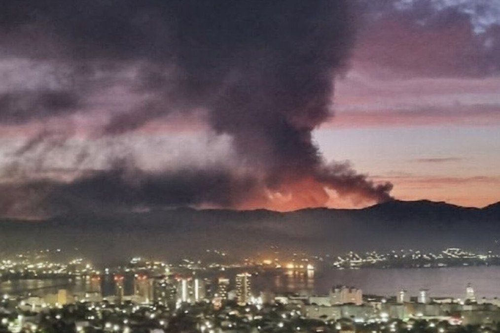 Smoke rising from a fire at the Grushova industrial tank farm near Russia’s Black Sea port of Novorossiysk, June 8, 2026.