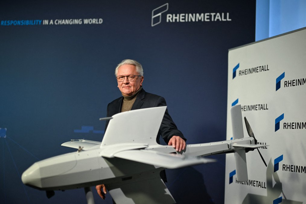 Rheinmetall CEO Armin Papperger stands next to an FV-014 loitering munition system during a press conference presenting the company’s 2025 results in Düsseldorf, Germany, March 11, 2026. (Source: Getty Images)
